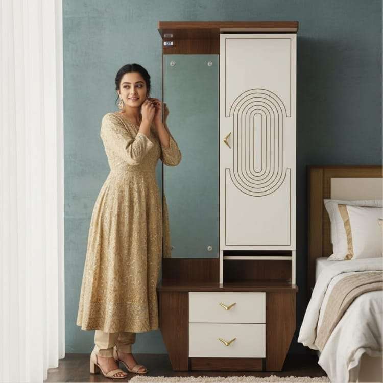 Teak Wood and White Dressing Table with Mirror and Storage